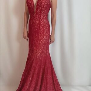 Jovani Elegant Red Lace Maxi Dress